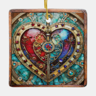 Ornement En Céramique Cœur de verre teinté rouge et bleu Série Steampunk