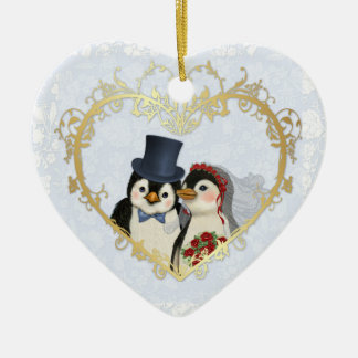 Ornement En Céramique Coeur Mariage de pingouin - Personnaliser arrière