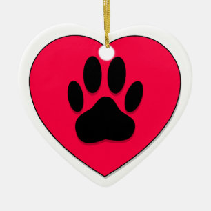 Ornement En Céramique Coeur rouge avec l'empreinte de patte de chien