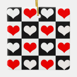 Ornement En Céramique Cœurs à carreaux rouges et blancs