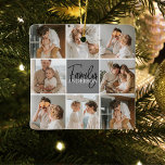 Ornement En Céramique Collage familial photo et cadeau gris personnalisé<br><div class="desc">Créez un collage familial magnifique et personnalisé avec huit photos, accompagné d'un nom de famille personnalisé en gris. Ce cadeau unique et réfléchi est parfait pour commémorer des moments spéciaux et célébrer l'amour et le lien au sein d'une famille. Le collage présente huit photos soigneusement sélectionnées que vous pouvez fournir,...</div>