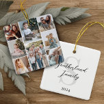 Ornement En Céramique Collage Multiphoto minimal Nom de famille Monogram<br><div class="desc">Miniature et moderne simple galerie photo de famille collage gardien de l'ornement photo. Le design est simple et minimaliste avec un collage photo de huit carrés pour afficher vos photos de famille spéciales. L'envers est personnalisé avec le nom de famille,  le monogramme et l'année.</div>