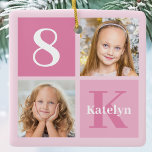 Ornement En Céramique Collage photo de filles roses mignonnes Personnali<br><div class="desc">Cool 2 photo carré garde un ornement pour une petite fille ou tout petit. Célébrez l'anniversaire de votre enfant avec de jolies photos d'eux sur ce ajouter votre propre carte photo avec d'adorables carrés roses. Ajoutez leur nom et leur âge.</div>