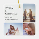 Ornement En Céramique Collage photo mariage | Noël blanc<br><div class="desc">Cette décoration de gardiennage fait une faveur spéciale pour vos invités mariages. Design comporte trois photos sur un arrière - plan blanc à l'avant et une photo de fond plein à l'arrière. Utilisez le modèle pour ajouter vos noms, date et lieu du mariage. Cet ornement de Noël fait aussi un...</div>