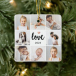 Ornement En Céramique Collage photo simple et chic | Amour avec coeur<br><div class="desc">Cet ornement de Noël chic en noir et blanc présente une grille de photos avec huit de vos photos personnelles, et une typographie moderne branchée qui dit "amour". Il y a aussi un petit coeur élégant à l'allure d'or faux rose. Un cadeau simple, minimaliste mais absolument élégant pour votre mère,...</div>