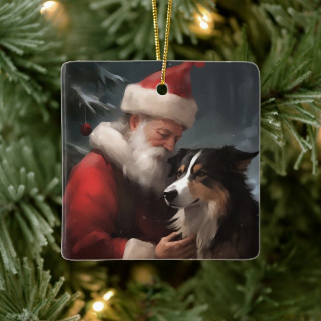 Ornement En Céramique Collie frontalier avec Noël Festif du Père Noël (Arbre)