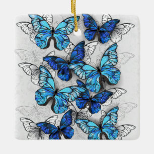 Ornement En Céramique Composition of White and Blue Butterflies
