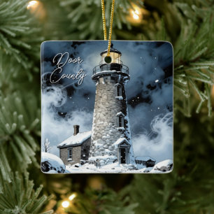Ornement En Céramique Comté de Door, phare du Wisconsin en hiver