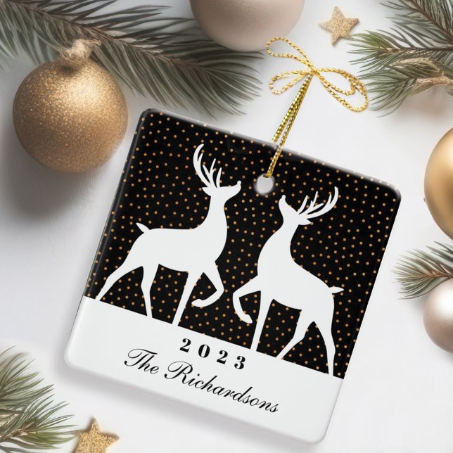 Ornement En Céramique Confetti Noir & Or Reindeer Joie Famille Photo (Black & Gold Confetti Reindeer Joy Family Photo Ceramic Ornament)