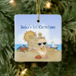 Ornement En Céramique Cool personnalisé Boy Beach Baby's 1er Christmas<br><div class="desc">Le décor d'arbre de Noël de ce bébé comporte un bébé de plage cool arborant une attitude de bébé de plage mignonne. Il sirote de la limonade après une dure journée de construction de châteaux de sable. Il peut être personnalisé avec un nom, une année ou tout texte que vous...</div>