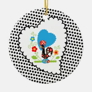 Ornement En Céramique Coq portugais avec pois noirs