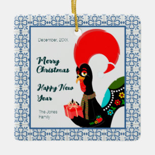 Ornement En Céramique Coq portugais de Noël et cadre de carreaux bleus