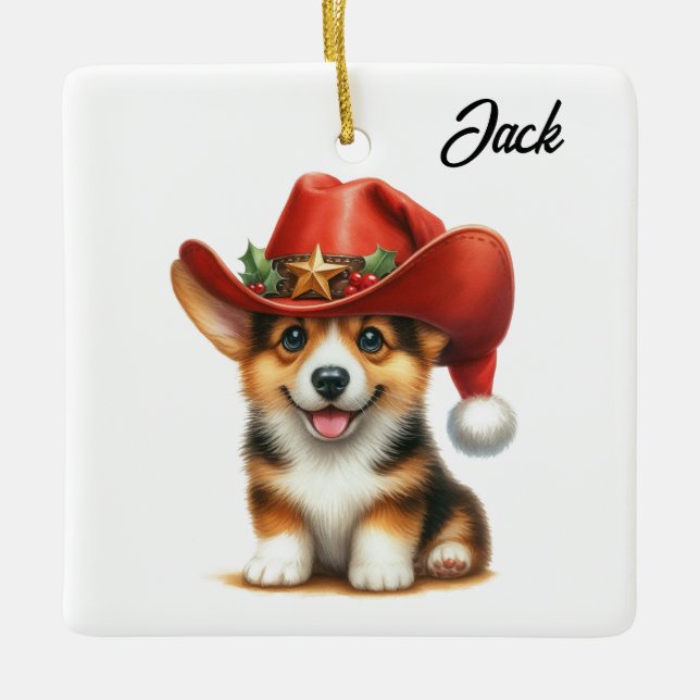 Ornement En Céramique Corgi Mignon Personnalisé Chapeau de Santa Cowboy  (Devant)