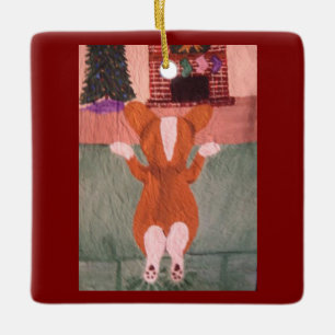 Ornement En Céramique Corgi sur le canapé en attente du Père Noël