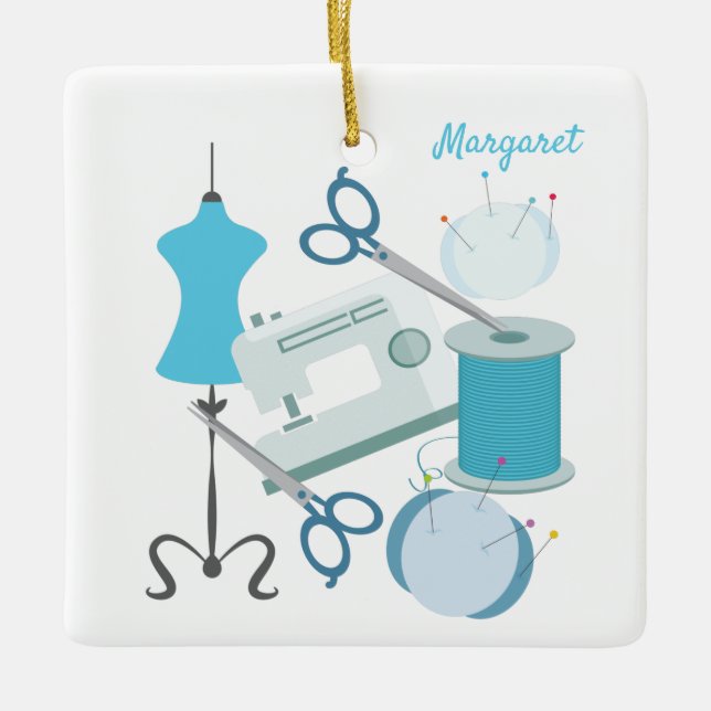 Ornement En Céramique Coudre Et Coudre Bleu (Devant)