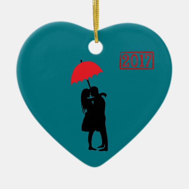 Ornement En Céramique Couple de baiser parapluie rouge 2017 (Devant)