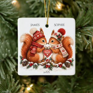 Ornement En Céramique Couple de petits écureuils de Noël scandinave cosy