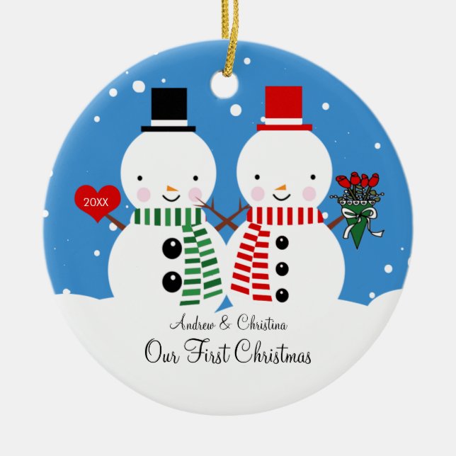 Ornement En Céramique Couples de bonhomme de neige notre premier (Devant)