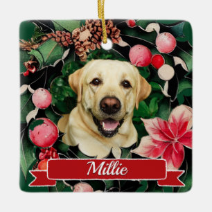 Ornement En Céramique Couronne de Noël à l'aquarelle avec photo de chien