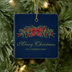 Ornement En Céramique Couronne de Noël avec un nœud rouge et des boules