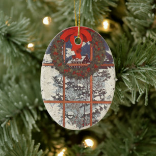 Ornement En Céramique Couronne de Noël vintage dans une fenêtre avec nei
