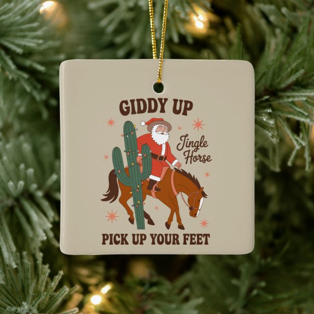 Ornement En Céramique Cowboy Giddy Up Jingle Horse Ramasse Vos Pieds (Arbre)