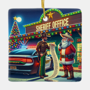 Ornement En Céramique Cowboy Père Noël et Sheriff regardent la liste des
