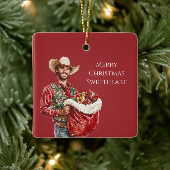 Ornement En Céramique Cowboy Western Man Santa Hat Christmas   (Arbre)