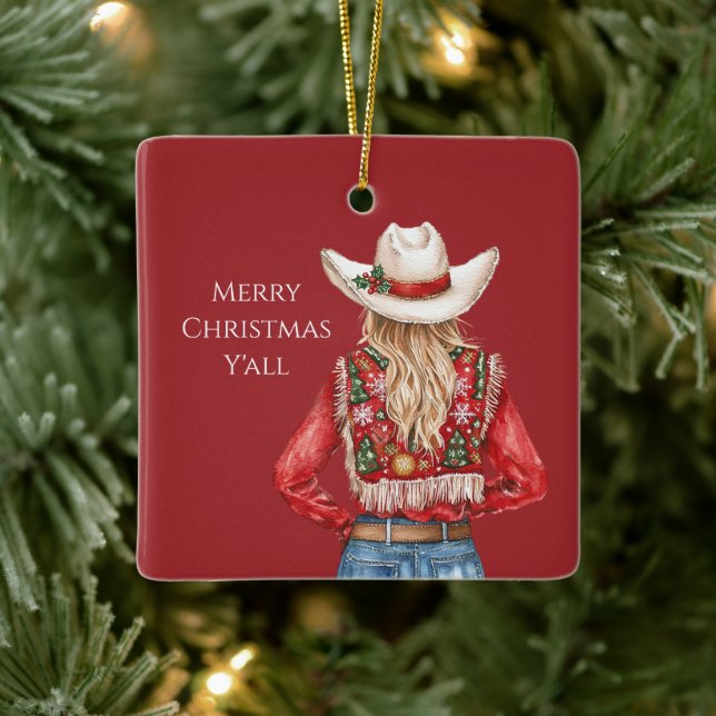 Ornement En Céramique Cowgirl Western Blond Hair Christmas   (Arbre)