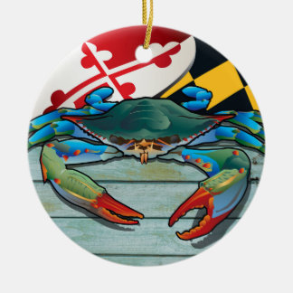 Ornement En Céramique Crabe bleu côtier du Maryland avec le drapeau