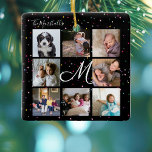 Ornement En Céramique Créez votre propre collection de photos 8 Monogram<br><div class="desc">Monogramme | 8 Photo Collage & Confetti coloré mignon sur Noir</div>