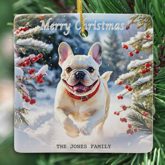 Ornement En Céramique Crème French Bulldog en Neige Joyeux Noël (A personalized Christmas ornament with picture of a cream French bulldog running through winter snow)