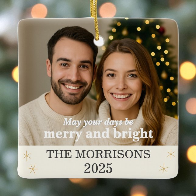 Ornement En Céramique Crème Neutral & Gold Family Photo Flocon de neige (Créateur téléchargé)