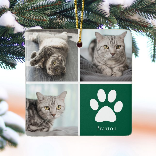 Ornement En Céramique Custom Cat Photo Collage Cute Green Christmas (Créateur téléchargé)