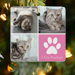 Ornement En Céramique Custom Cat Photo Collage Pretty Pink Double Sided<br><div class="desc">This beautiful cat photo Christmas ornament is personalized with adorable pictures of your sweet girl kitty. Customize this chic gift with your own custom feline photographs around a pretty pink square with a cute white paw print and your kitten's name in the center. Add your favorite full photograph on the...</div>
