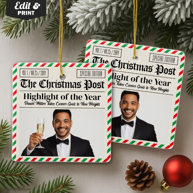 Ornement En Céramique Custom Christmas Celebrate Achievement Newspaper  (Custom Christmas Celebrate Achievement Newspaper Ceramic Ornament)