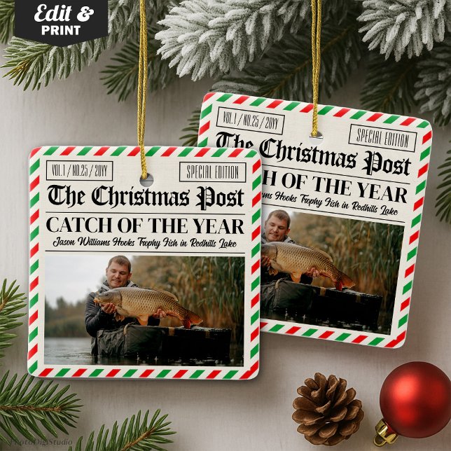 Ornement En Céramique Custom Christmas Fishing Gift, Newspaper Fisherman (Custom Christmas Newspaper Decor, Photo Fisherman Ceramic Ornament)
