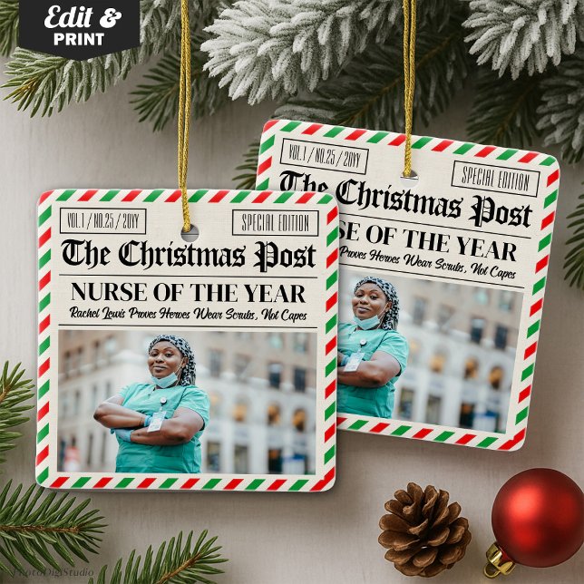 Ornement En Céramique Custom Christmas Gift for Nurse, Nurse Newspaper (Custom Christmas Gift for Nurse, Nurse Newspaper Ceramic Ornament)