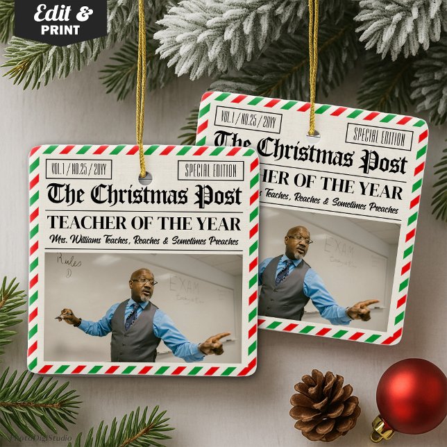 Ornement En Céramique Custom Christmas Gift for Teacher Newspaper  (Custom Christmas Gift for Teacher Newspaper Ceramic Ornament)