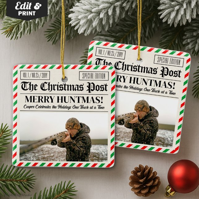 Ornement En Céramique Custom Christmas Hunter Gift Newspaper Outdoorsman (Custom Christmas Hunter Gift Newspaper Outdoorsman Ceramic Ornament)