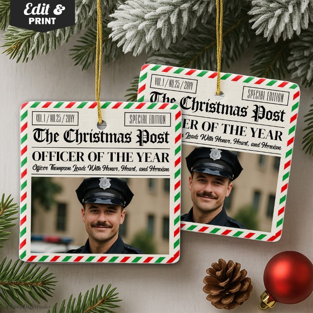 Ornement En Céramique Custom Christmas Police Gift for Officer Newspaper (Custom Christmas Police Gift for Officer Newspaper Ceramic Ornament)