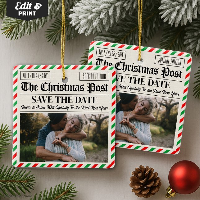 Ornement En Céramique Custom Christmas Wedding Announcement Newspaper (Custom Christmas Wedding Announcement Newspaper Ceramic Ornament)