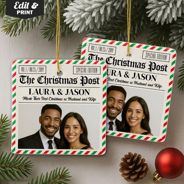 Ornement En Céramique Custom Couple Gift Our First Christmas Newspaper (Custom Couple Gift Our First Christmas Newspaper Ceramic Ornament)
