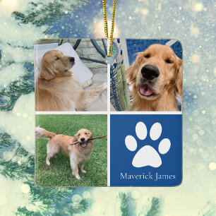 Ornement En Céramique Custom Dog Photo Collage Cute Blue Pet Christmas