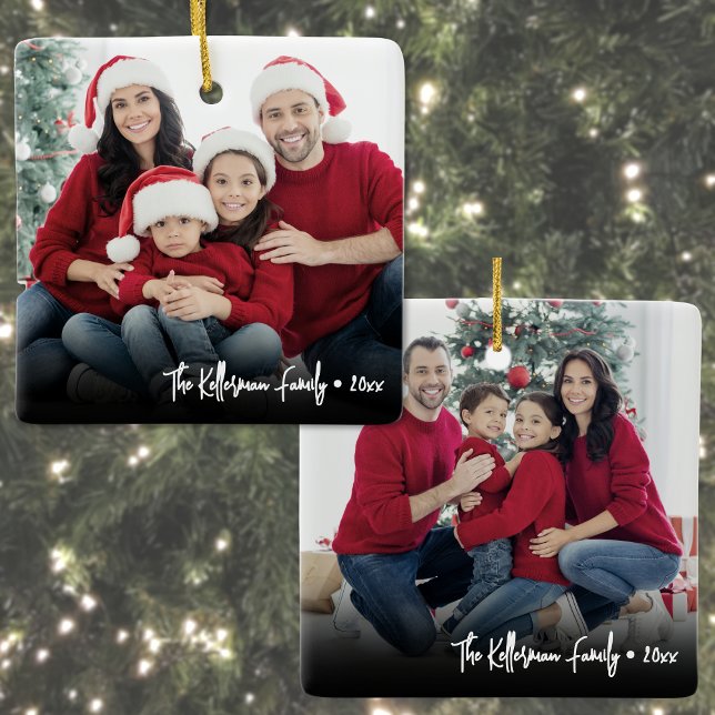 Ornement En Céramique Custom Double Sided Family Two Photo Christmas (Custom Double Sided Family Two Photo Christmas Ceramic Ornament)