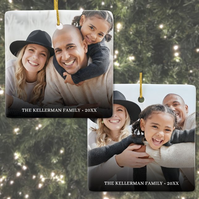 Ornement En Céramique Custom Double Sided Family Two Photo Christmas (Custom Double Sided Family Two Photo Christmas Ceramic Ornament)