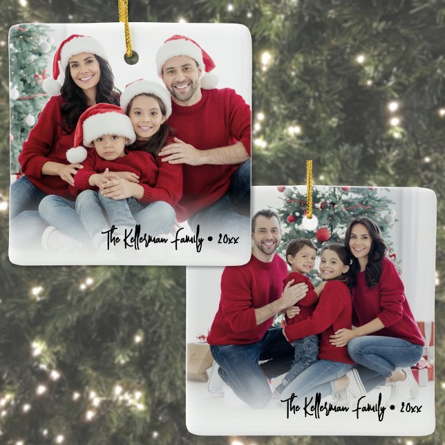 Ornement En Céramique Custom Double Sided Family Two Photo Christmas (Custom Double Sided Family Two Photo Christmas Ceramic Ornament)