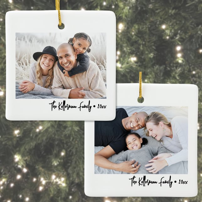 Ornement En Céramique Custom Double Sided Family Two Photo Christmas (Custom Double Sided Family Two Photo Christmas Ceramic Ornament)