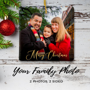 Ornement En Céramique Custom Elegant  2-Sided Family Photo Christmas