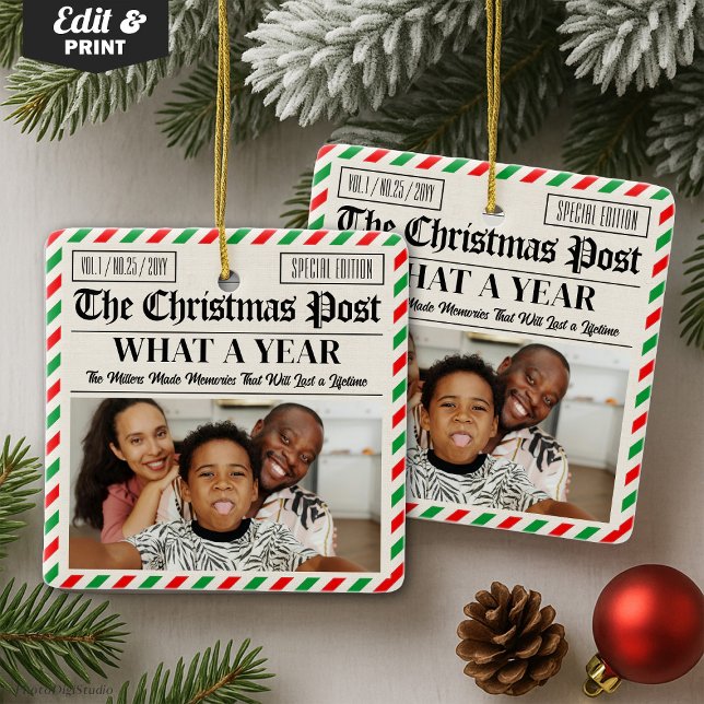Ornement En Céramique Custom Family Christmas Newspaper What a Year (Custom Family Christmas Newspaper What a Year Ceramic Ornament)